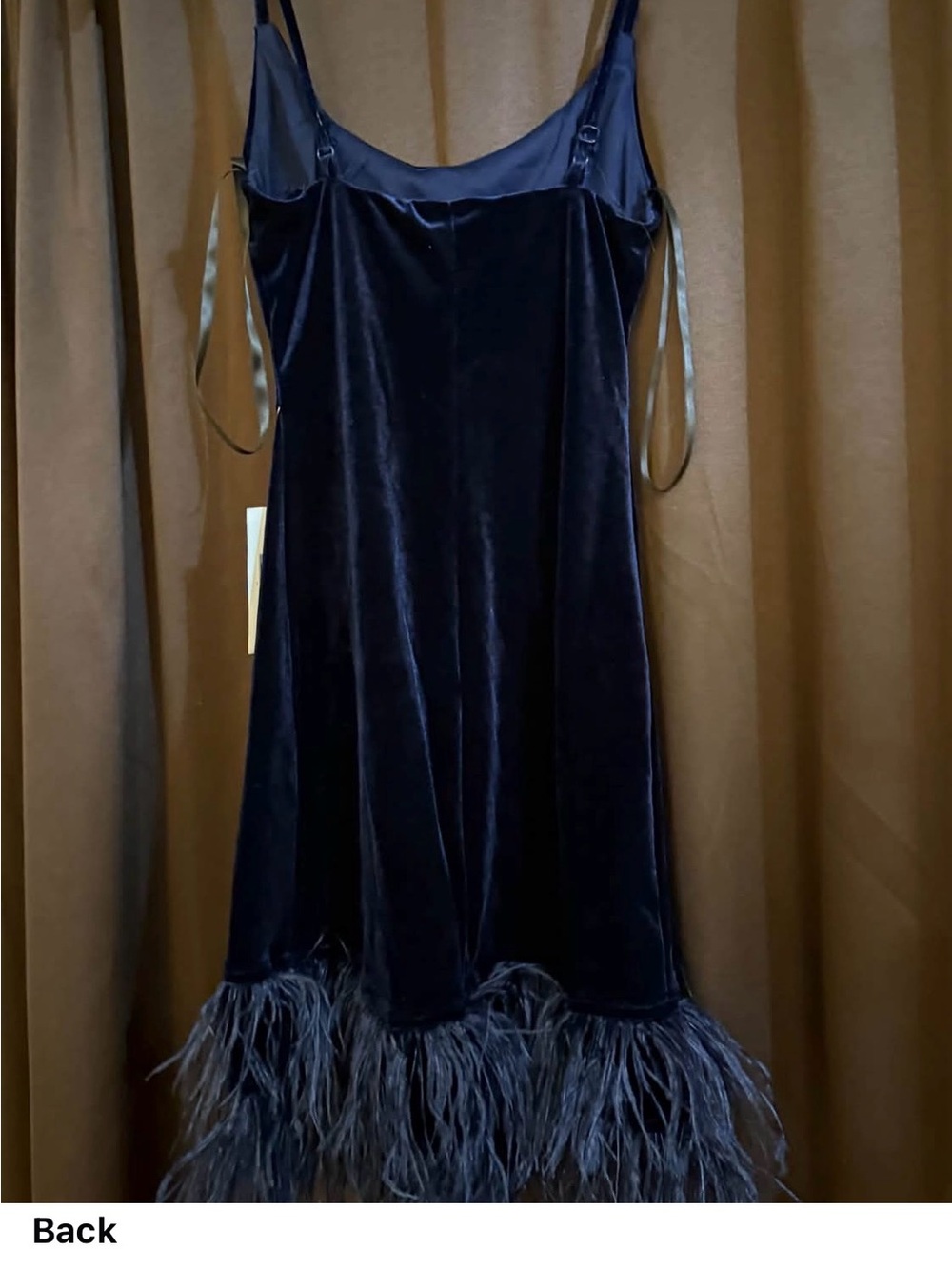 Velvet Slip Dress with Feather Hem - Black